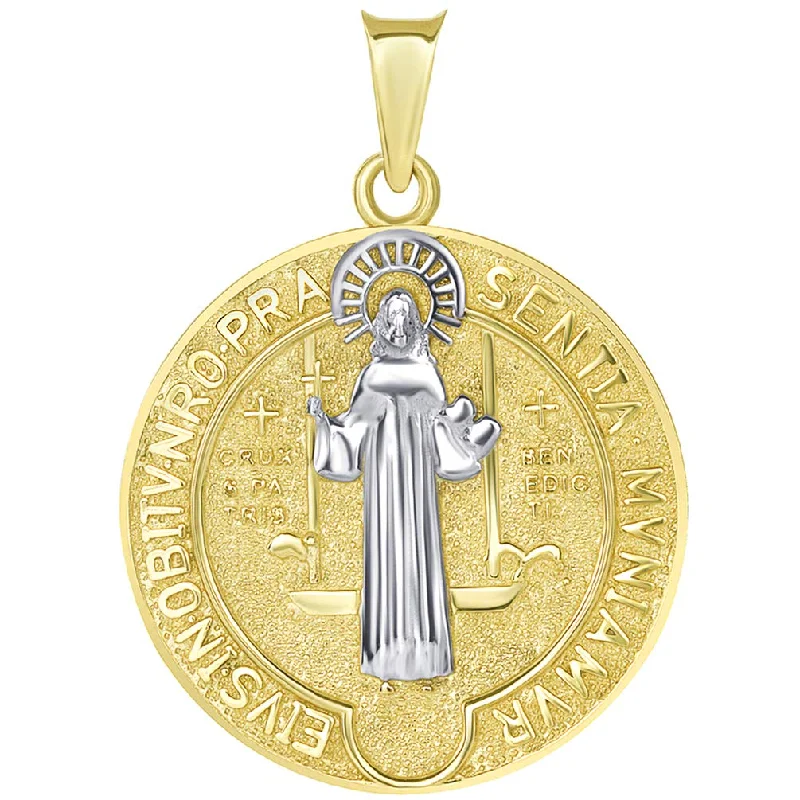 women anniversary necklaces -Solid 14k Yellow Gold Saint Benedict of Nursia Medallion Reversible Pendant