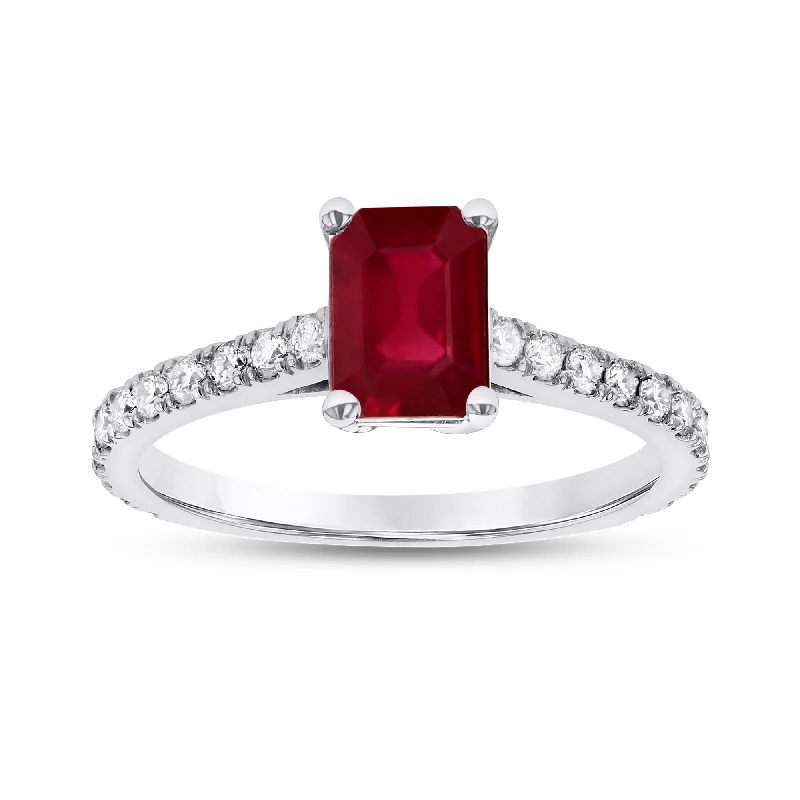 women stackable engagement rings -0.36ctw Diamond and Emerald Cut Ruby Engagement Ring in 14k White Gold