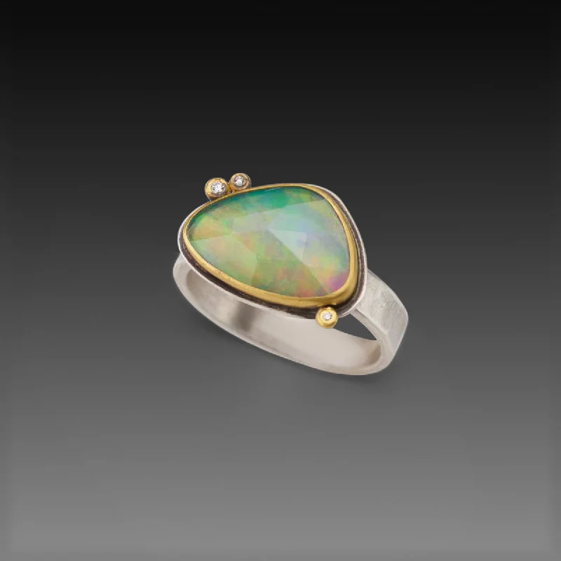 women unique wedding bands -Rose Cut Ethiopian Opal Ring With Diamonds