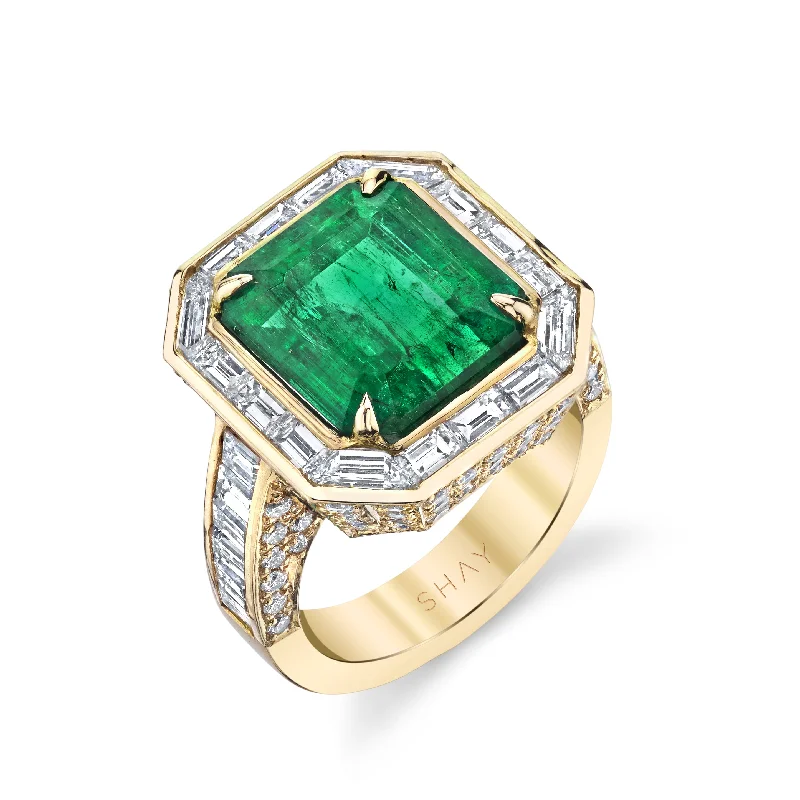 women double band rings -READY TO SHIP EMERALD BAGUETTE HALO COCKTAIL RING