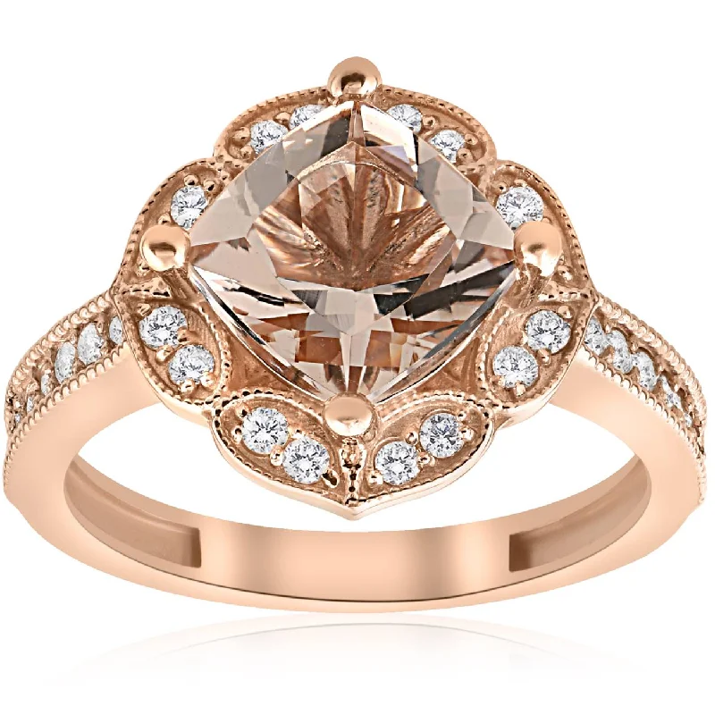 women custom diamond engagement rings -2 1/3ct Cushion Morganite Vintage Diamond Halo Engagement Ring 14K Rose Gold