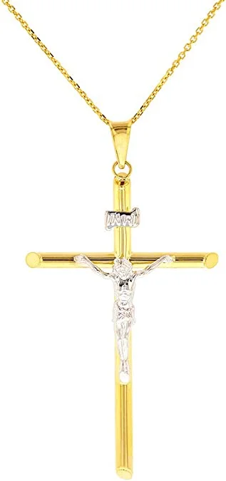 women zodiac necklaces -High Polish 14K Gold Simple Cross Crucifix with Jesus Christ Charm Pendant Necklace