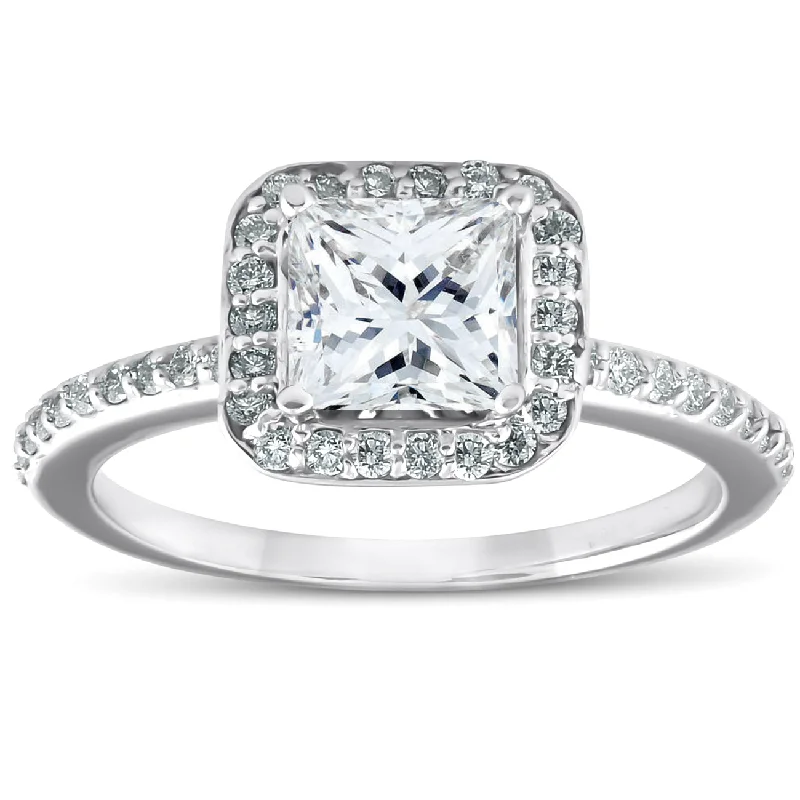 women modern solitaire engagement rings -1 1/10ct Princess Cut Enhanced Diamond Engagement Halo Ring 14k White Gold