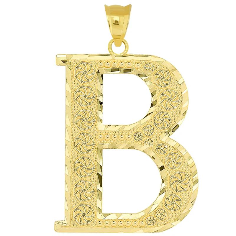 women gemstone drop pendant necklaces -14k Yellow Gold Textured Uppercase Initial B Letter Pendant with Eternity Symbols 1 inch