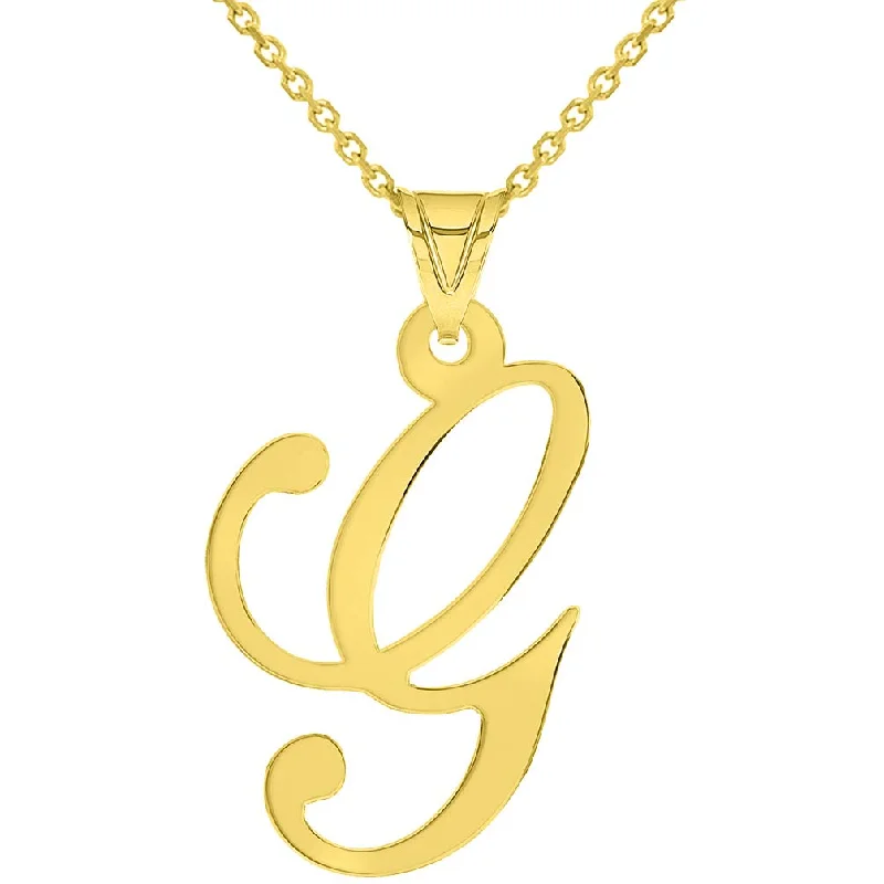 women wedding day necklaces -14k Yellow Gold Uppercase Script Initial G Cursive Letter Pendant Necklace