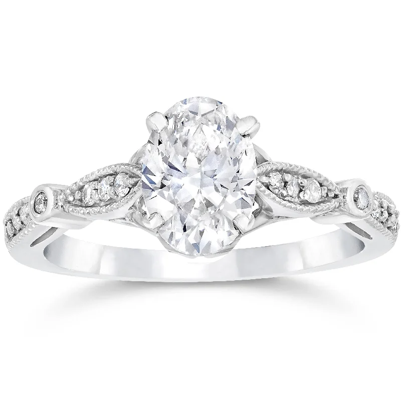 women diamond solitaire engagement rings -1 1/10 ct Oval Diamond Vintage Engagement Ring Solitaire Antique 14 K White Gold