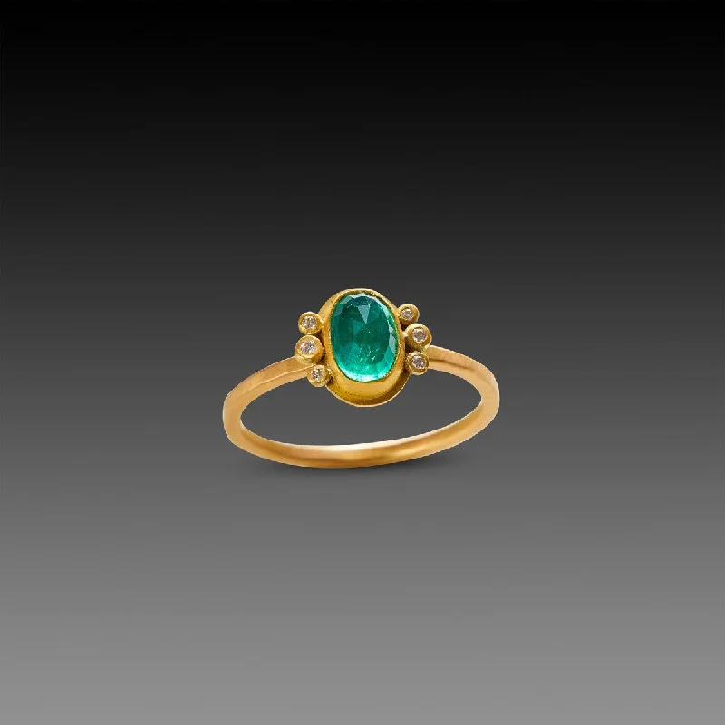 women engraved rings -Rose Cut Emerald Ring with Diamond Trios