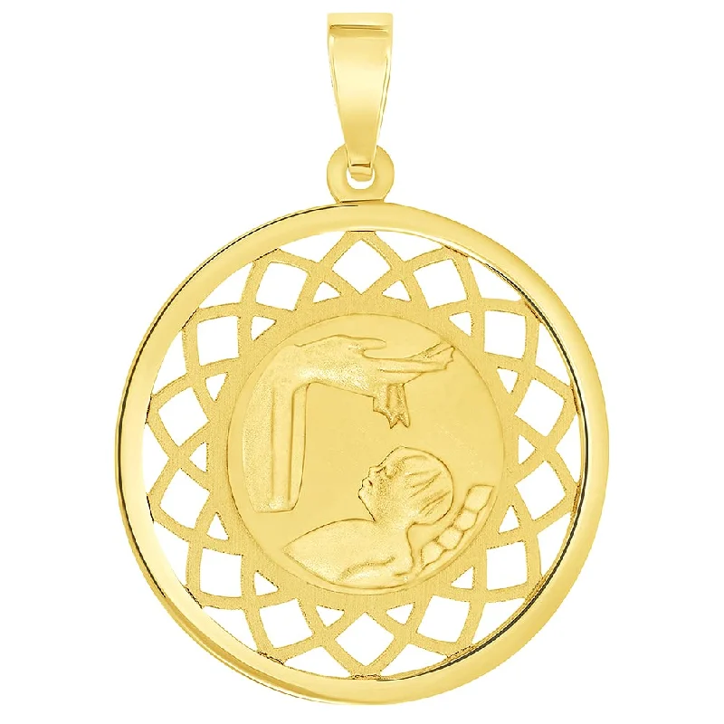 women layered necklaces -14k Yellow Gold Religious Baptism Christening On Round Open Ornate Medal Pendant