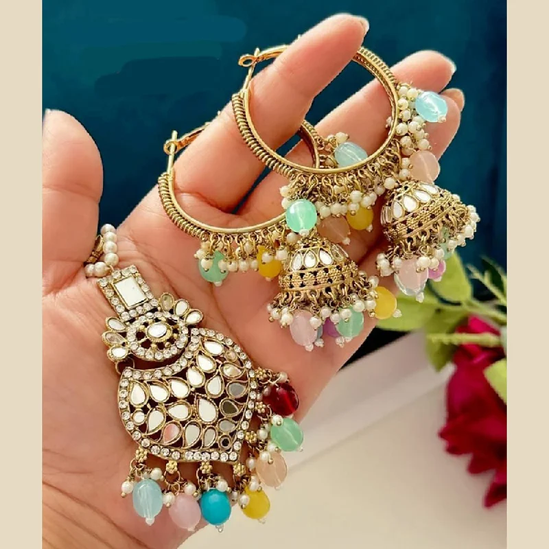 women pearl earrings -FS Collection Gold Plated Beads And Mirror Earring With Mangtikka