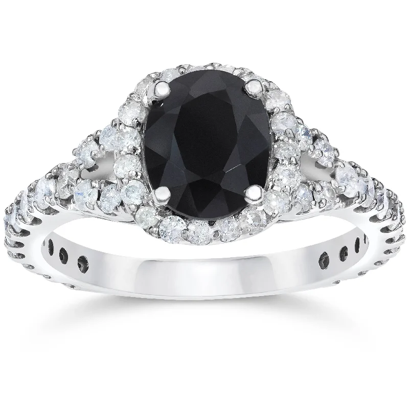 women alternative engagement rings -2 ct Black Sapphire & Diamond Cushion Halo Engagement Ring 14K White Gold