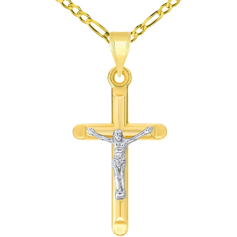 women luxury silver necklaces -14k Yellow Gold Two-Tone Religious Classic Tube Crucifix Pendant with Figaro Chain Necklace