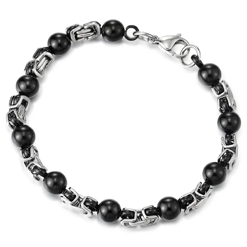 women gemstone bangles -Unique Men Women Stainless Steel Braided Link Bracelet with Bead Ball Charms, Silver Black Two-tone