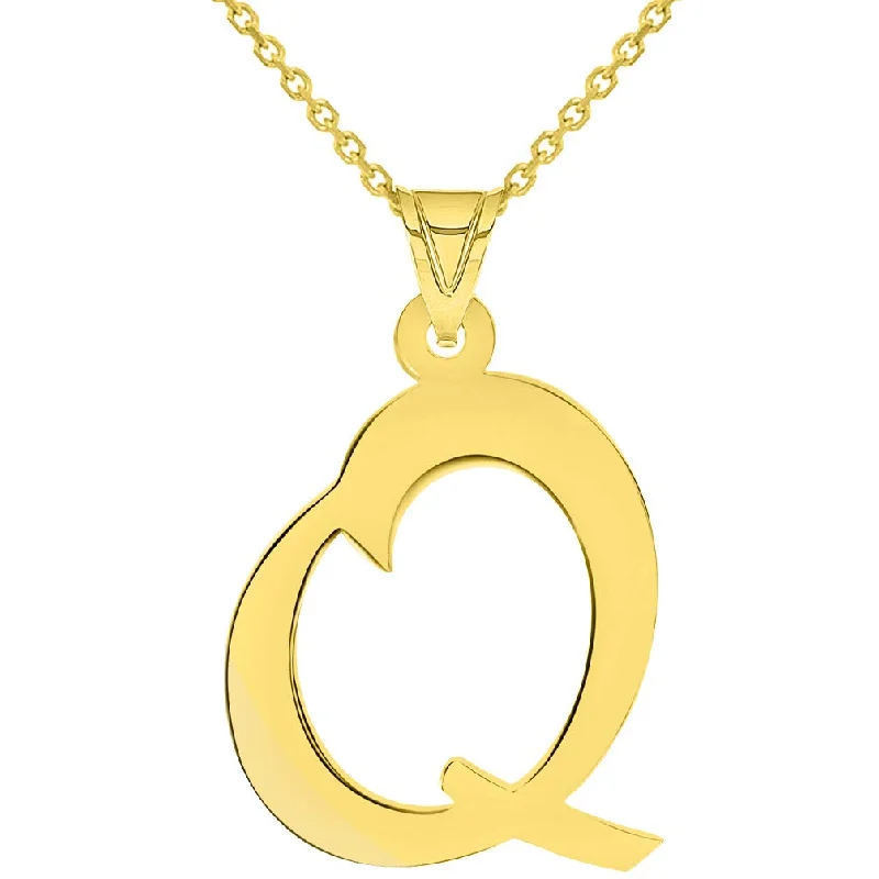 women matching necklaces -14k Yellow Gold Dainty Uppercase Script Initial Q Cursive Letter Pendant Necklace