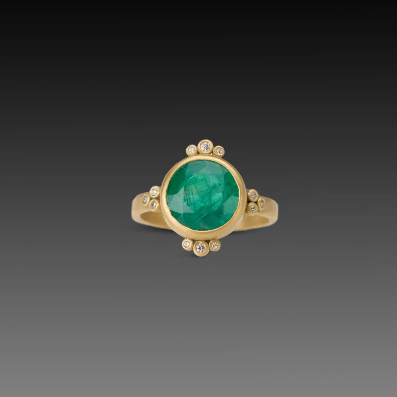 women handmade rings -Round Emerald Ring With Diamond Trios