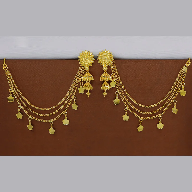 women silver drop earrings -Mahavir  Gold Plated Jhumki Earrings With Kan Chain