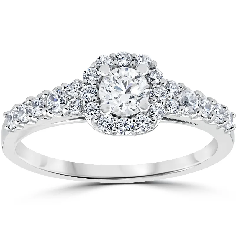 women vintage gold engagement rings -3/4CT Cushion Halo Round Diamond Engagement Ring 14K White Gold