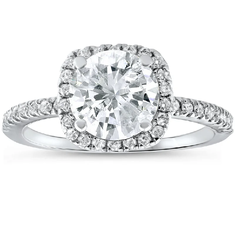 women custom engagement rings -2 1/2 cttw Diamond Engagement Ring Cushion Halo Round Cut 14k White Gold