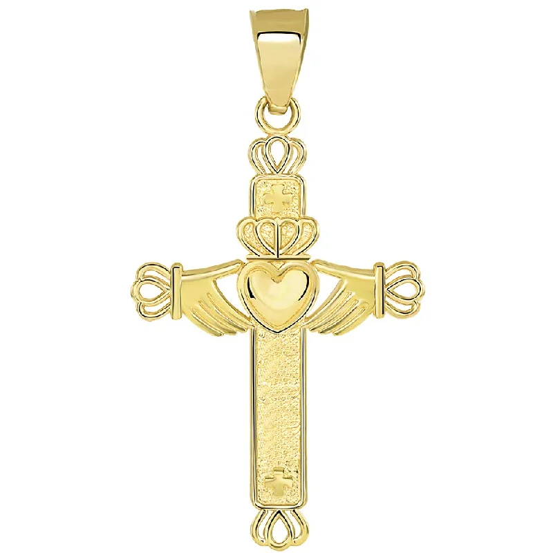 women trendy necklaces -Solid 14k Yellow Gold Irish Claddagh Religious Cross Pendant