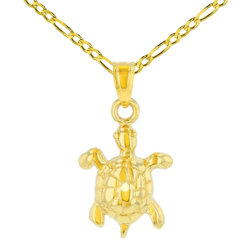 women gemstone drop necklaces -14K Yellow Gold Polished Good Luck Turtle Charm Animal Pendant Figaro Chain Necklace