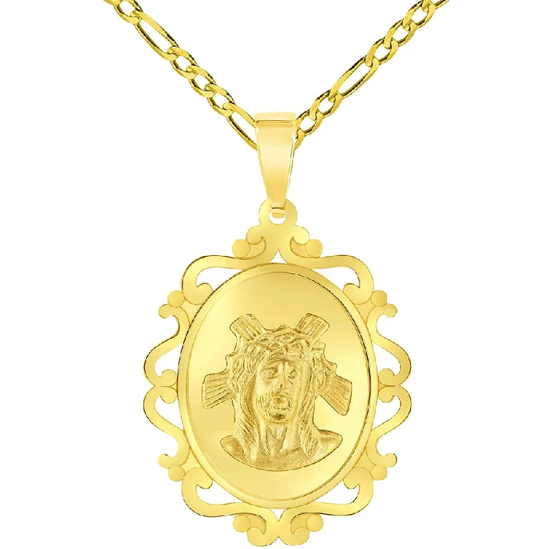 women gold chain necklaces -14k Yellow Gold Holy Face of Jesus Christ On Elegant Ornate Miraculous Medal Pendant with Figaro Chain Necklace