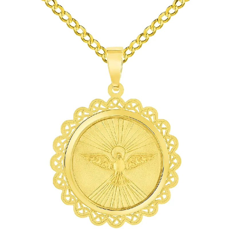 women star pendant necklaces -14k Yellow Gold Holy Spirit Dove Religious Round Ornate Medal Pendant with Cuban Chain Curb Necklace