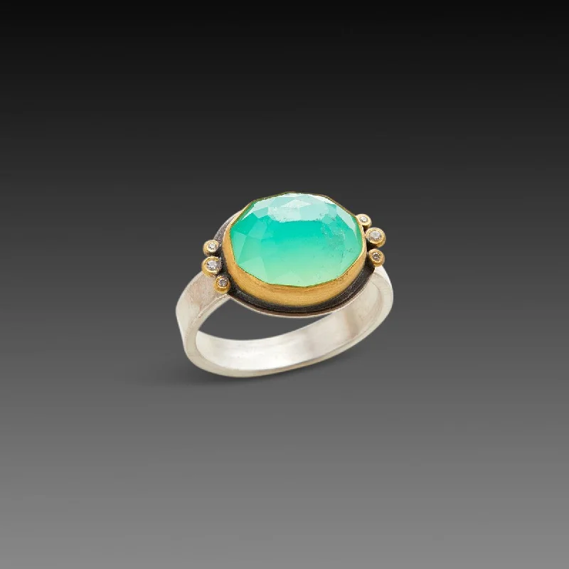 women colorful gemstone rings -Faceted Chrysoprase Ring with Six Diamond Dots