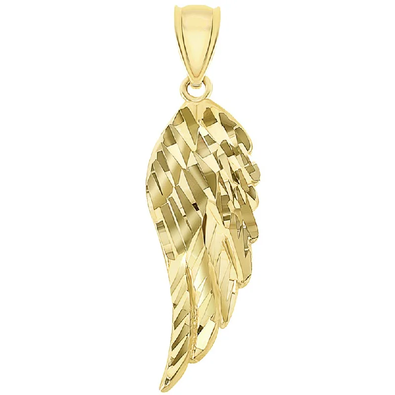 women gemstone necklaces -Solid 14k Yellow Gold Textured D/C Angel Wing Pendant (43 mm x 14 mm)