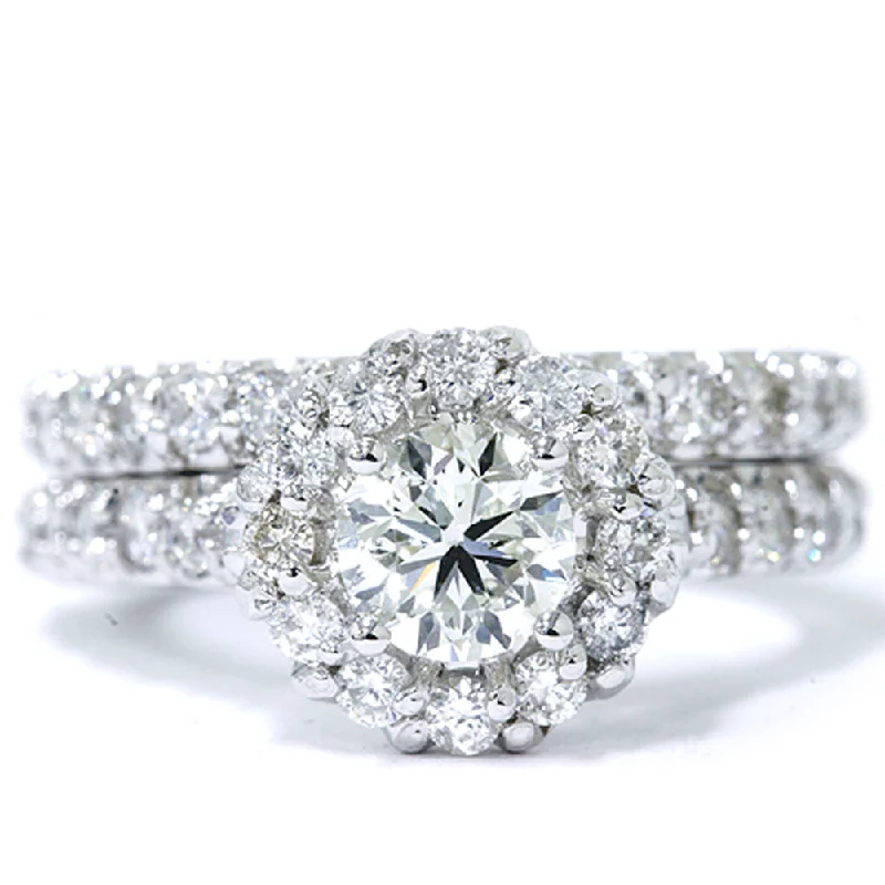 women vintage gold engagement rings -1 7/8ct Halo Diamond Engagement Ring Set 14K White Gold