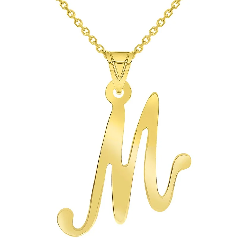 women silver chain necklaces -14k Yellow Gold Dainty Uppercase Script Initial M Cursive Letter Pendant Necklace