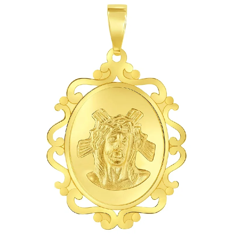 women teardrop necklaces -14k Yellow Gold Holy Face of Jesus Christ On Elegant Ornate Miraculous Medal Pendant (1")