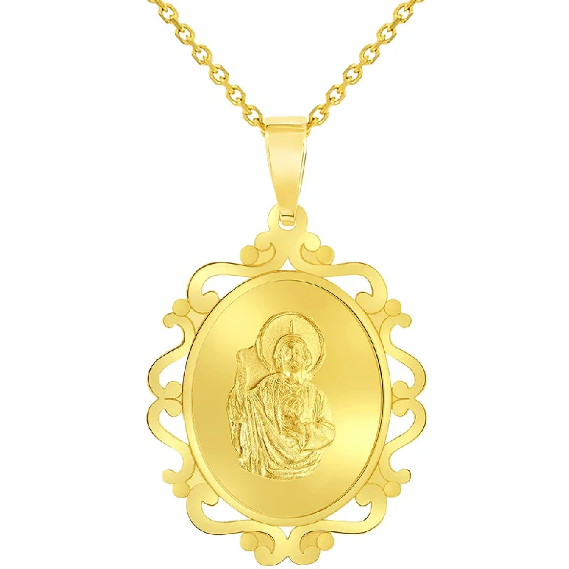 women chain necklaces -14k Yellow Gold Elegant Ornate Miraculous Medal of Saint Jude Thaddeus the Apostle Pendant Necklace