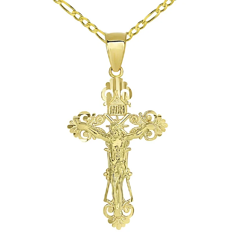 women pearl necklaces -Solid 14K Yellow Gold Roman Catholic Cross Charm with Jesus INRI Crucifix Pendant with Figaro Necklace