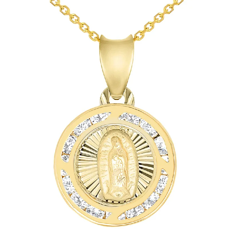 women silver chain necklaces -14k Yellow Gold Cubic Zirconia Round Mini Our Lady Of Guadalupe Medal Charm Pendant Necklace