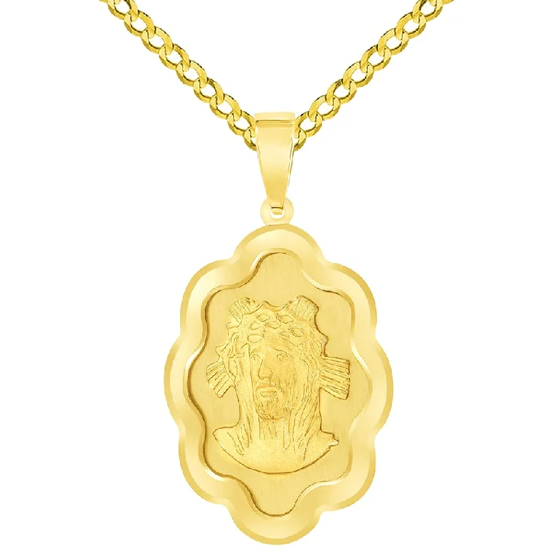 women statement gold necklaces -14k Yellow Gold Face of Jesus Christ On Elegant Miraculous Medal Pendant with Cuban Chain Curb Necklace