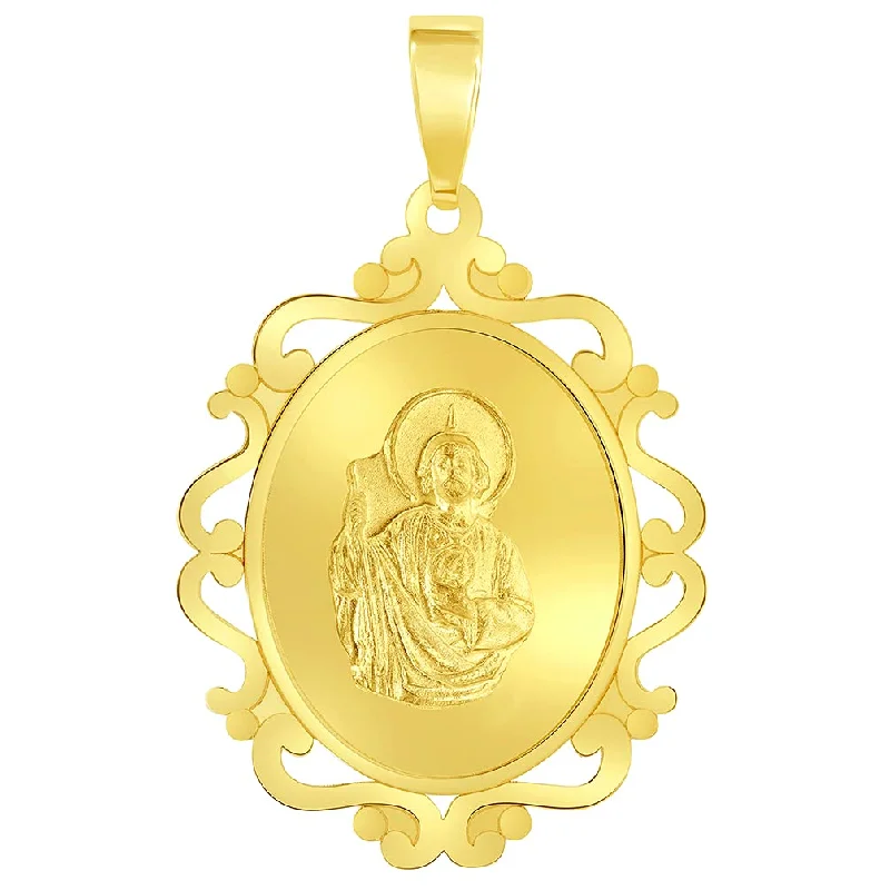 women link necklaces -14k Yellow Gold Elegant Ornate Miraculous Medal of Saint Jude Thaddeus the Apostle Pendant (1")