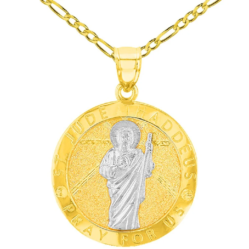 women custom charm necklaces -Solid 14K Yellow Gold Round St. Jude Thaddeus Medallion Pray For Us Pendant with Figaro Chain Necklace