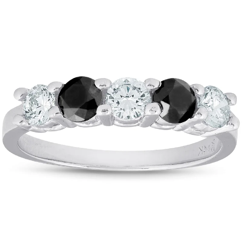 women unique engagement rings -1 carat Treated Black & White Five Stone Diamond Ring 14K White Gold