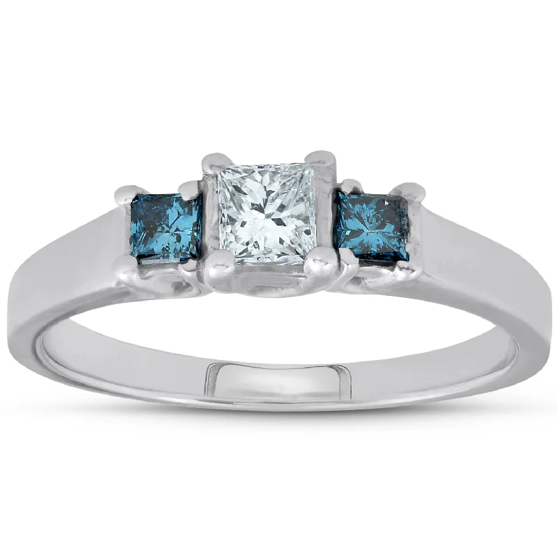 women engagement rings with emeralds -1/2ct Princess Cut Treated Blue & White Diamond 3-Stone Engagement Ring 14K Gold