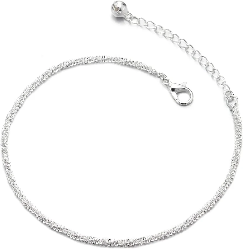 women double chain bracelets -Thin Braided Textured Link Chain Anklet Bracelet with Jingle Bell, Adjustable