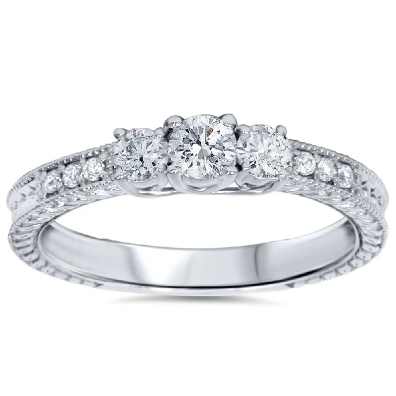 women halo engagement rings -1/2ct Vintage Three Stone Round Diamond Engagement Ring 14K White Gold