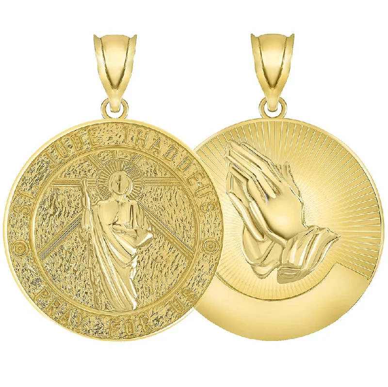 women short necklaces -14k Yellow Gold Round Saint Jude Thaddeus Pray For Us Medallion with Praying Hands Pendant