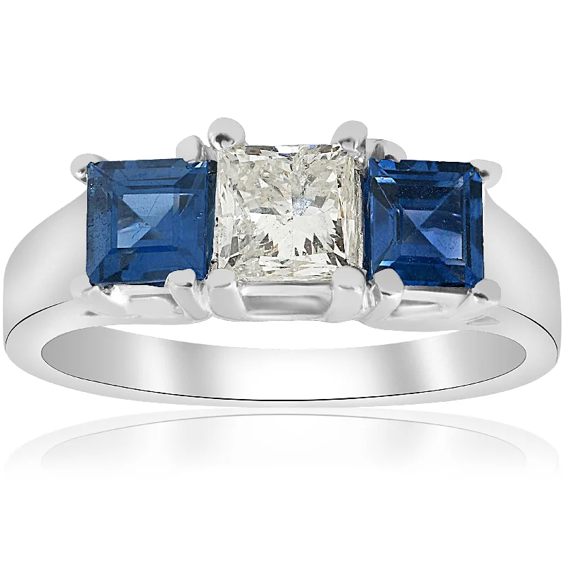 women men’s engagement rings -1 1/2ct Princess Cut Diamond & Blue Sapphire 3 Stone Ring 14K White Gold