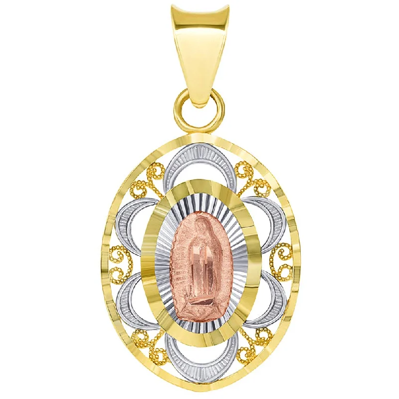 women monogram necklaces -Solid 14k Tri-Color Gold Filigree Our Lady of Guadalupe Oval Medallion Charm Pendant