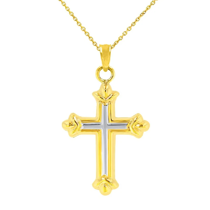 women flower pendant necklaces -Dainty 14k Yellow Gold Fleur de Lis Cross Pendant Necklace