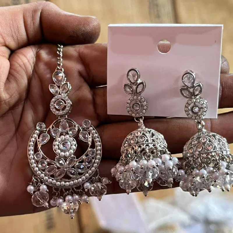 women sparkly drop earrings -Shree Chamunda Jewellers Silver Plated Pearl And Crystal Stone Earrings With Mangtikka