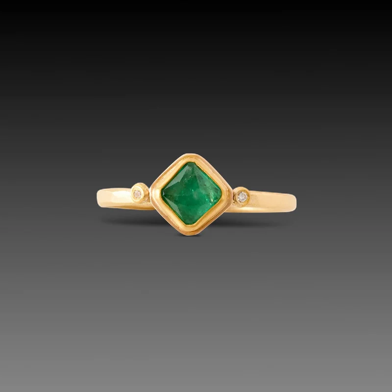 women engraved rings -Emerald Ring With Tiny Diamonds