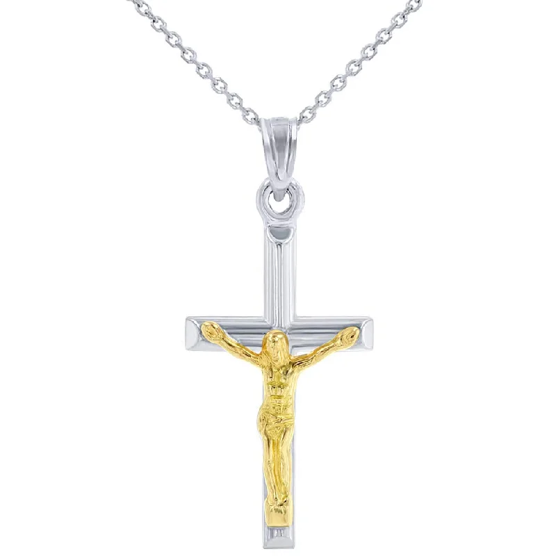 women silver chain necklaces -14k White Gold Small Tube Cross Charm Two-Tone Jesus Crucifix Pendant Necklace