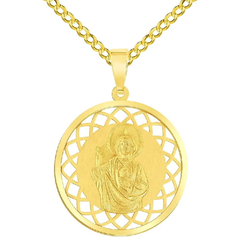 women wedding day necklaces -14k Yellow Gold Round Open Ornate Miraculous Medal of Saint Jude Thaddeus the Apostle Pendant Cuban Chain Curb Necklace