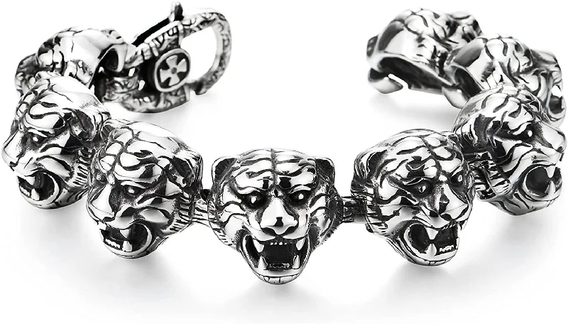 women engraved bangle bracelets -COOLSTEELANDBEYOND Masculine Link of Tiger Heads Stainless Steel Bracelet for Men Silver Black Polished, Rock Punk