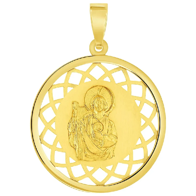 women custom necklaces -14k Yellow Gold Round Open Ornate Medal of Saint Jude Thaddeus the Apostle Pendant